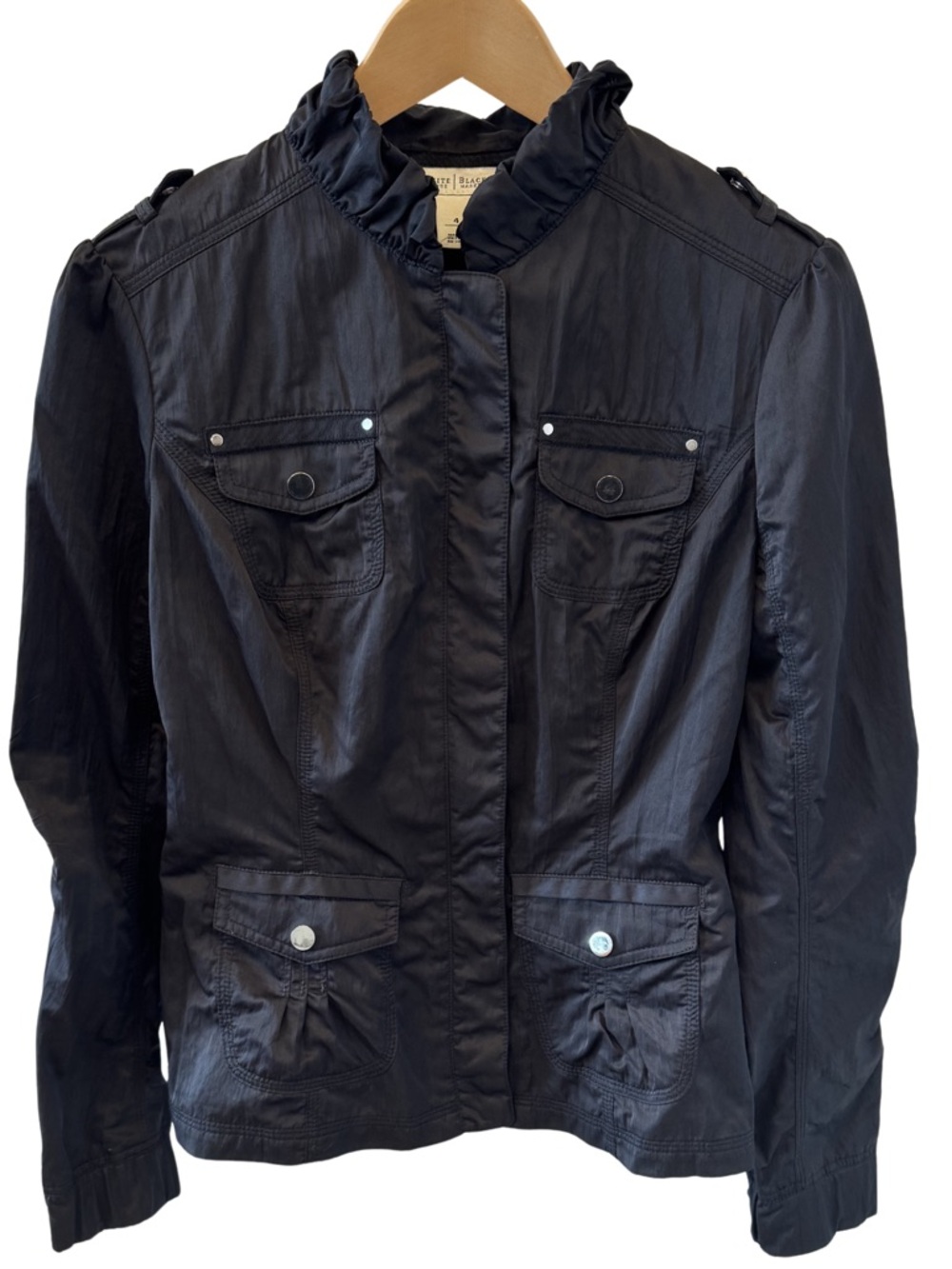 White House Black Market Black Utility Jacket Ruffle Collar Size 4 Lightweight